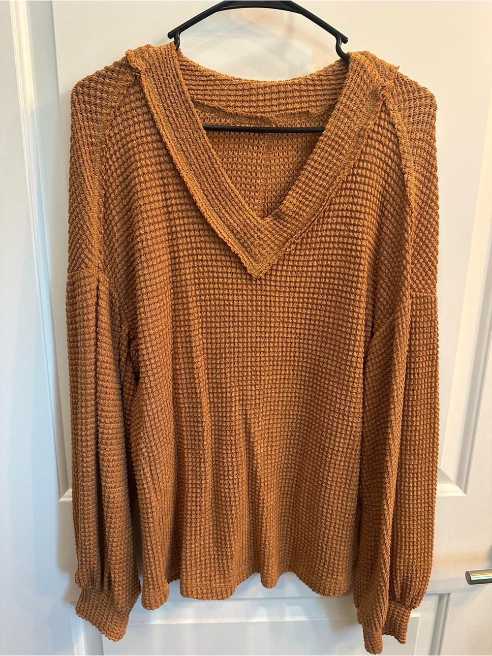 Amazon Women's V-Neck Waffle Knit Sweater in Rust Brown